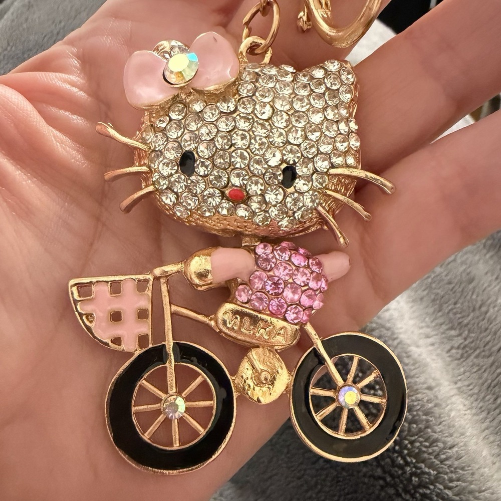 Rare! Vintage Hello Kitty Keychain Pendant Large Crystal Pink Bike Bag Charm